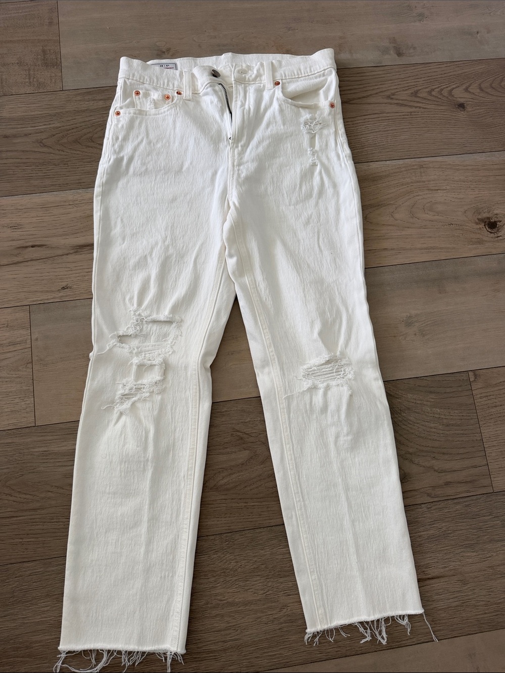 GAP White Straight-Leg Distressed Jeans
